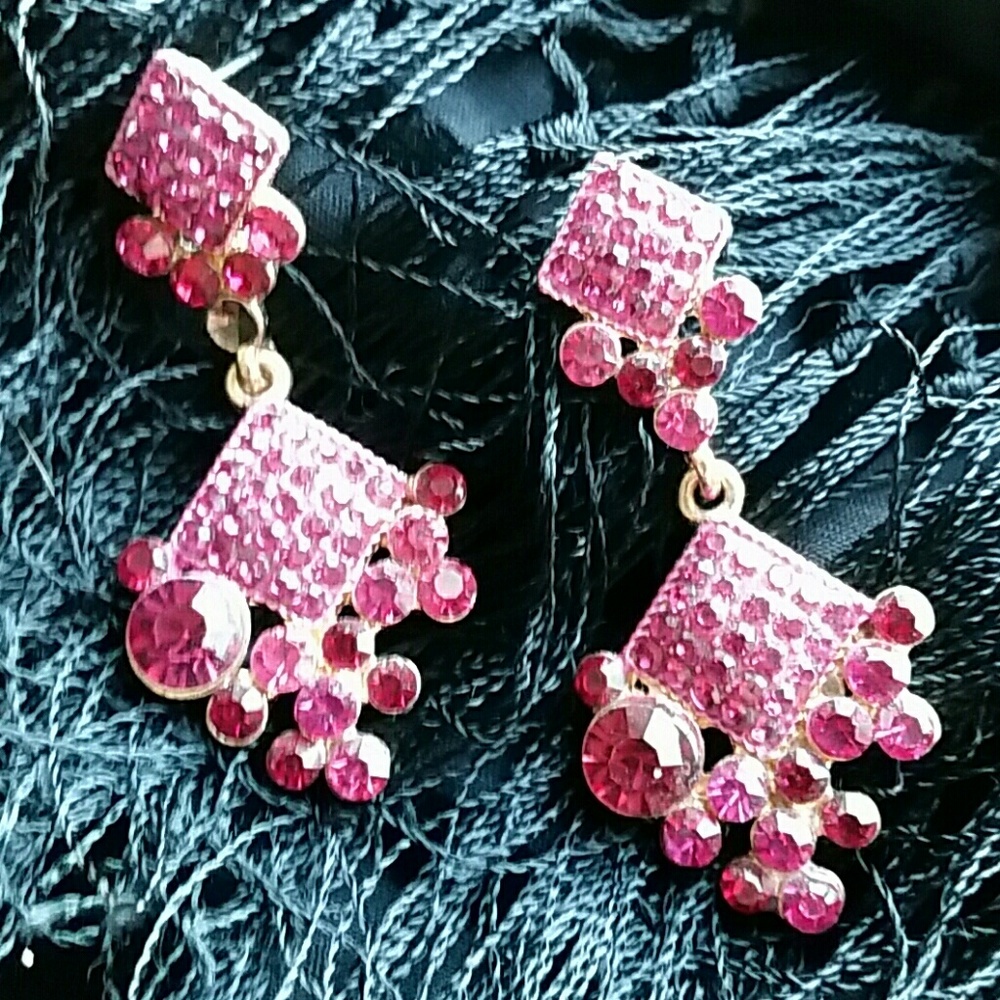 Vintage Pink Rhinestone Art Deco Dangle Earrings